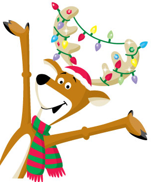 Cartoon reindeer with Christmas lights on antlers